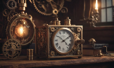 Steampunk background. Mechanisms, gears, light bulbs and clocks. High quality illustrationの素材