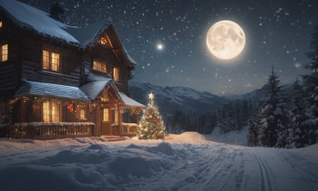 A cozy winter landscape with bright houses in the snow. Glowing Christmas tree and fireworks. High quality illustrationの素材