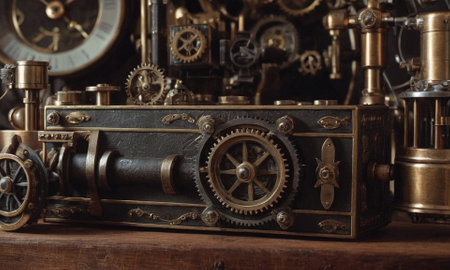 Steampunk background. Mechanisms, gears, light bulbs and clocks. High quality illustrationの素材