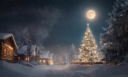 A cozy winter landscape with bright houses in the snow. Glowing Christmas tree and fireworks. High quality illustrationの素材