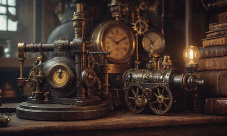 Steampunk background. Mechanisms, gears, light bulbs and clocks. High quality illustrationの素材