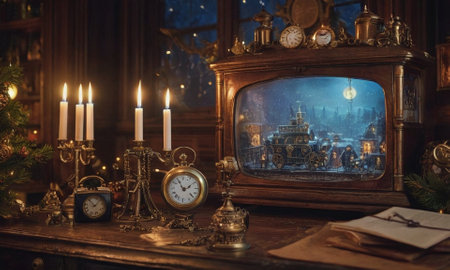 New Year in steampunk style. Mechanisms, gears and Christmas decorations. High quality illustrationの素材