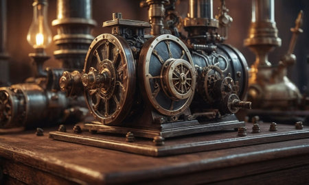 Steampunk background. Mechanisms, gears, light bulbs and clocks. High quality illustrationの素材