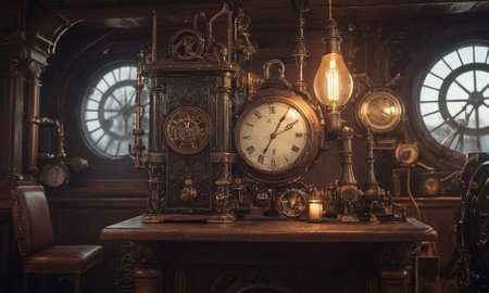 Steampunk background. Mechanisms, gears, light bulbs and clocks. High quality illustrationの素材