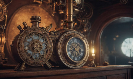 Steampunk background. Mechanisms, gears, light bulbs and clocks. High quality illustrationの素材