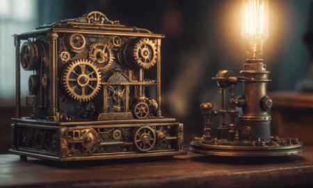 Steampunk background. Mechanisms, gears, light bulbs and clocks. High quality illustrationの素材