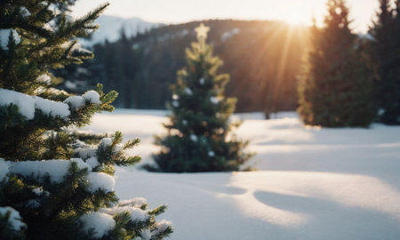 Decorated Christmas tree in the snow. Sunny winter New Year's Eve landscape. High quality illustrationの素材