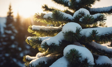 Decorated Christmas tree in the snow. Sunny winter New Year's Eve landscape. High quality illustrationの素材