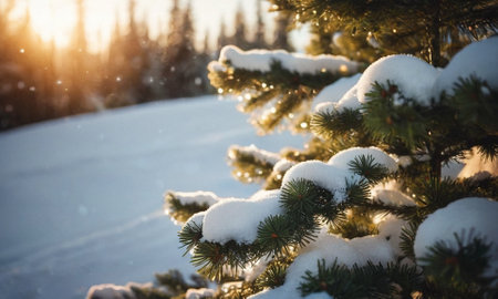 Decorated Christmas tree in the snow. Sunny winter New Year's Eve landscape. High quality illustrationの素材