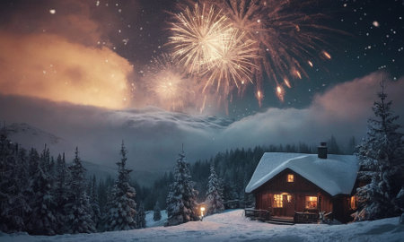 A cozy winter landscape with bright houses in the snow. Glowing Christmas tree and fireworks. High quality illustrationの素材