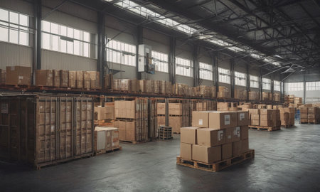 Warehouse and warehouse technologies. Racks and boxes, pallets and loaders. High quality illustrationの素材