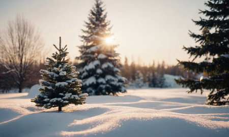 Decorated Christmas tree in the snow. Sunny winter New Year's Eve landscape. High quality illustrationの素材