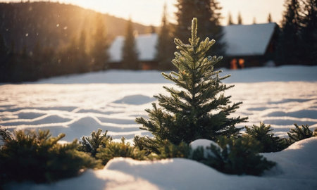 Decorated Christmas tree in the snow. Sunny winter New Year's Eve landscape. High quality illustrationの素材