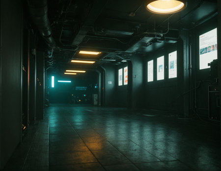 Minimalistic interior in a futuristic style. Dark room in the light of different light sourcesの素材