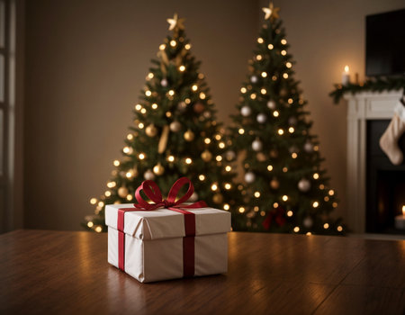 Lovely Christmas background with gifts, decorations and candles on the tableの素材