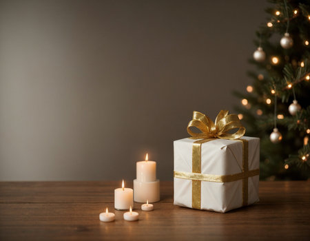 Lovely Christmas background with gifts, decorations and candles on the tableの素材