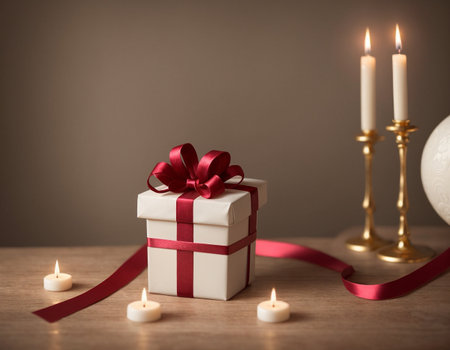 Lovely Christmas background with gifts, decorations and candles on the tableの素材