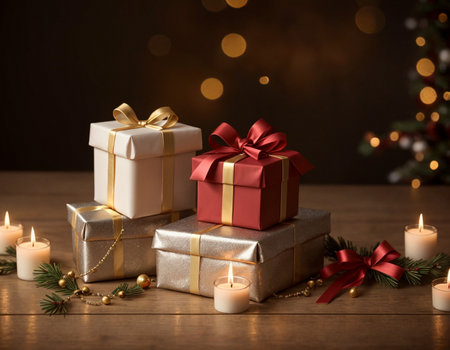 Lovely Christmas background with gifts, decorations and candles on the tableの素材