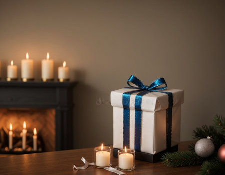 Lovely Christmas background with gifts, decorations and candles on the tableの素材