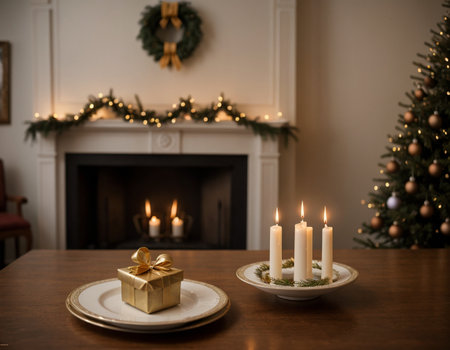 Lovely Christmas background with gifts, decorations and candles on the tableの素材