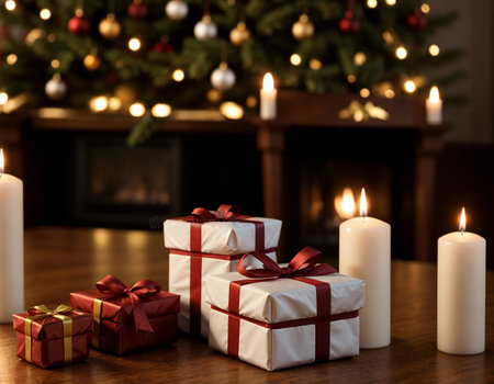 Lovely Christmas background with gifts, decorations and candles on the tableの素材
