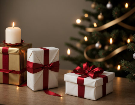 Lovely Christmas background with gifts, decorations and candles on the tableの素材