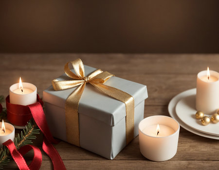 Lovely Christmas background with gifts, decorations and candles on the tableの素材
