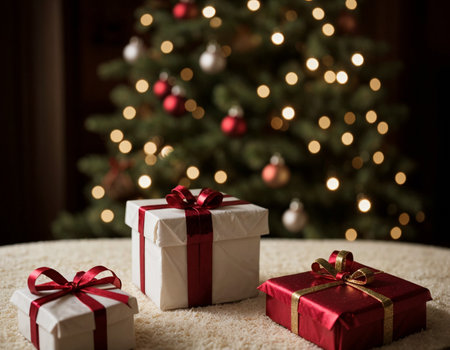 Lovely Christmas background with gifts, decorations and candles on the tableの素材