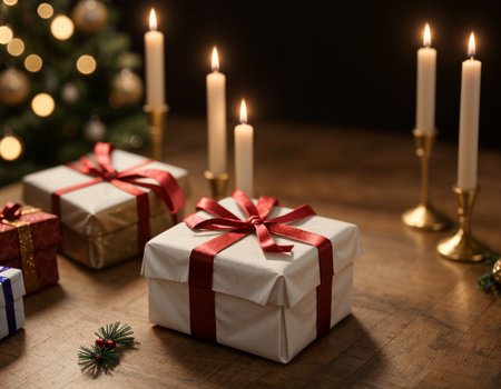 Lovely Christmas background with gifts, decorations and candles on the tableの素材