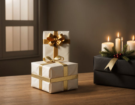 Lovely Christmas background with gifts, decorations and candles on the tableの素材