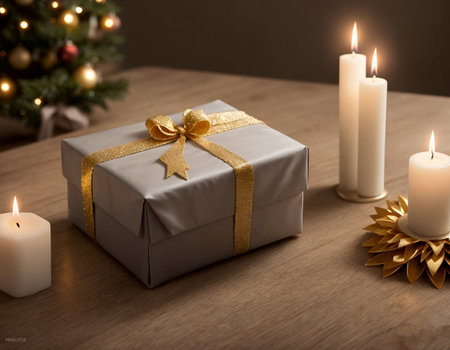 Lovely Christmas background with gifts, decorations and candles on the tableの素材