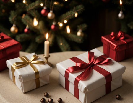 Lovely Christmas background with gifts, decorations and candles on the tableの素材