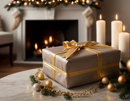 Lovely Christmas background with gifts, decorations and candles on the tableの素材
