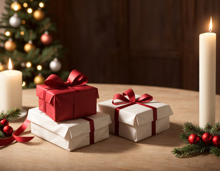 Lovely Christmas background with gifts, decorations and candles on the tableの素材