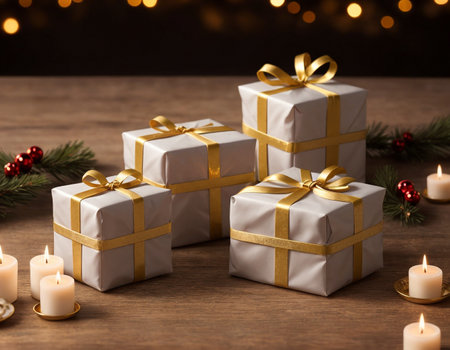 Lovely Christmas background with gifts, decorations and candles on the tableの素材
