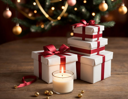 Lovely Christmas background with gifts, decorations and candles on the tableの素材
