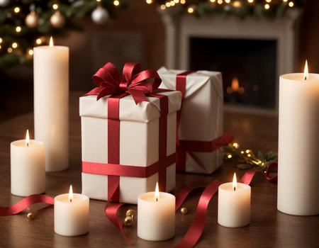 Lovely Christmas background with gifts, decorations and candles on the tableの素材