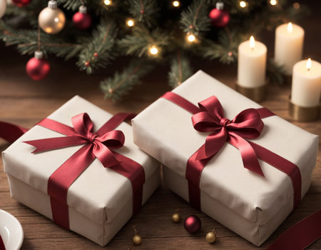 Lovely Christmas background with gifts, decorations and candles on the tableの素材