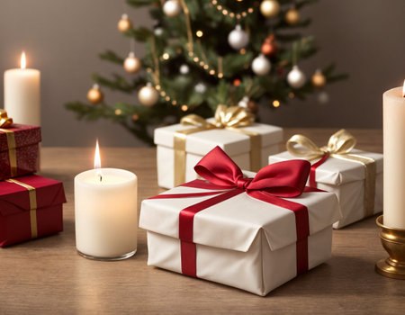Lovely Christmas background with gifts, decorations and candles on the tableの素材