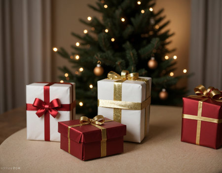 Lovely Christmas background with gifts, decorations and candles on the tableの素材