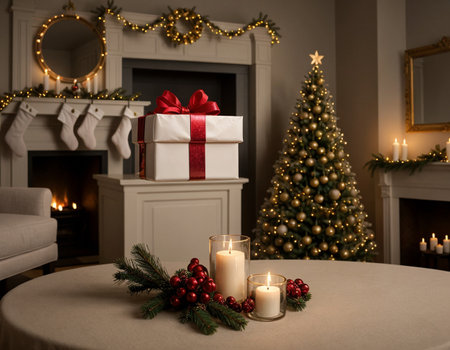 Lovely Christmas background with gifts, decorations and candles on the tableの素材