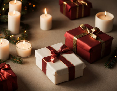 Lovely Christmas background with gifts, decorations and candles on the tableの素材