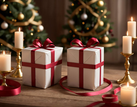 Lovely Christmas background with gifts, decorations and candles on the tableの素材