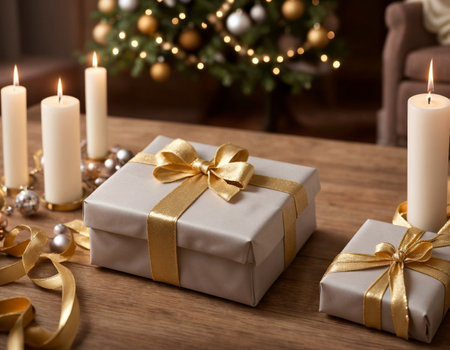 Lovely Christmas background with gifts, decorations and candles on the tableの素材
