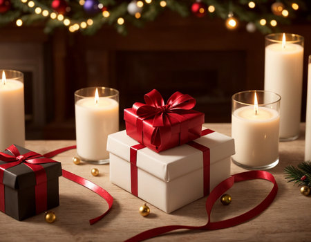 Lovely Christmas background with gifts, decorations and candles on the tableの素材
