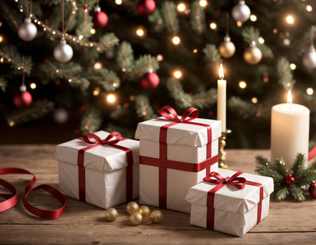 Lovely Christmas background with gifts, decorations and candles on the tableの素材
