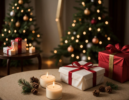 Lovely Christmas background with gifts, decorations and candles on the tableの素材