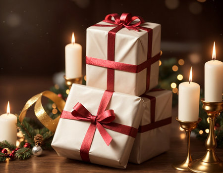 Lovely Christmas background with gifts, decorations and candles on the tableの素材