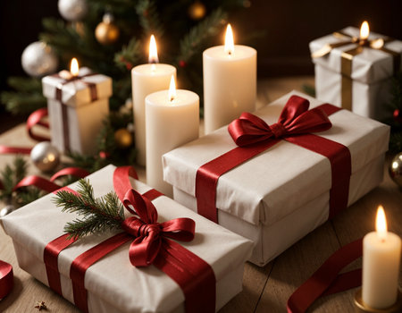 Lovely Christmas background with gifts, decorations and candles on the tableの素材