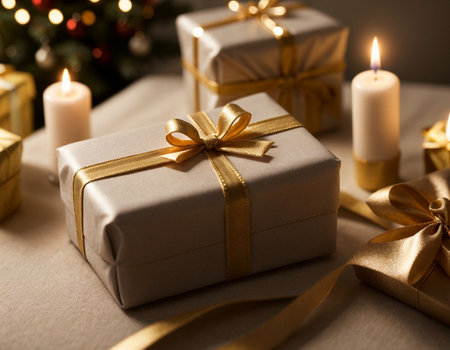 Lovely Christmas background with gifts, decorations and candles on the tableの素材